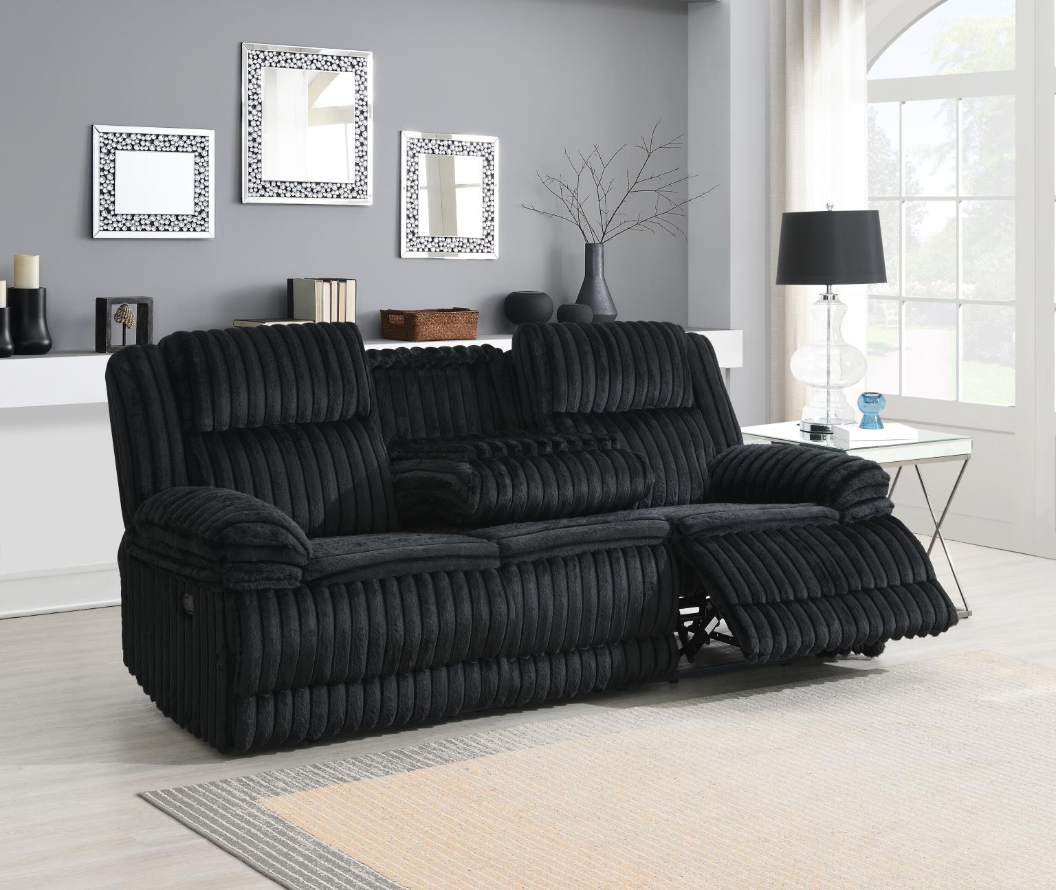 BLACK CORDUROY MOTION SOFA W/DROPDOWN view 2