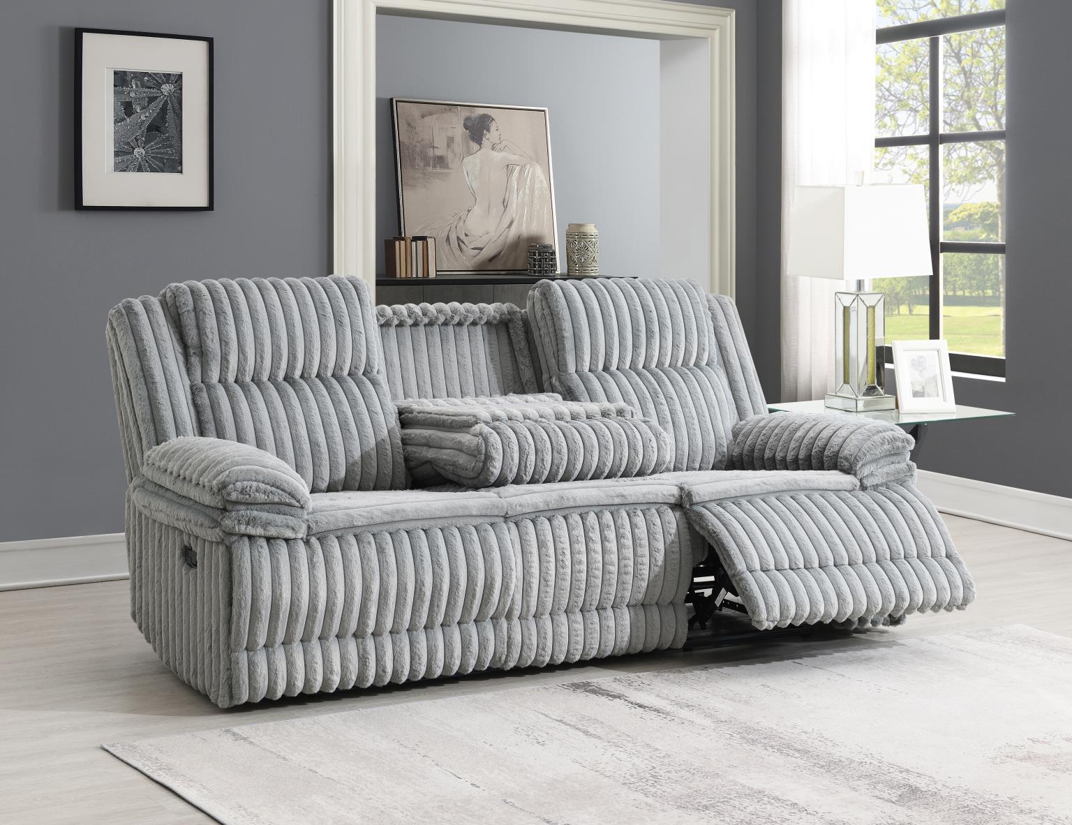 GRAY CORDUROY MOTION SOFA W/DROPDOWN view 2