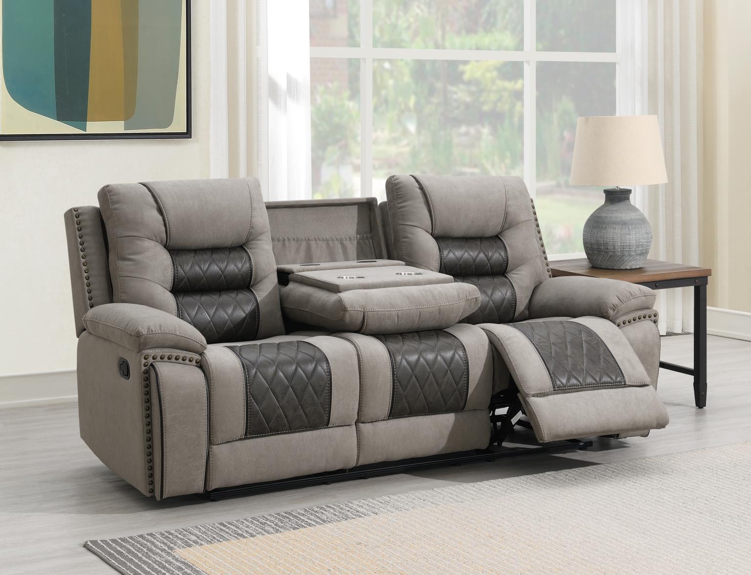 GRAY/CHARCOAL MOTION SOFA W/DROP DOWN, AND TWO WIRELESS CHARGERS view 2