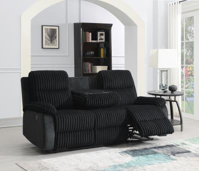 BLACK CORDUROY MOTION SOFA W/DROP DOWN TABLE