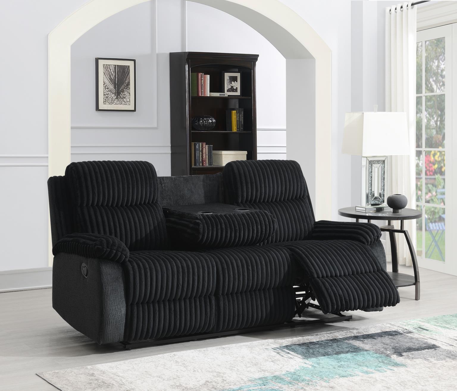 BLACK CORDUROY MOTION SOFA W/DROP DOWN TABLE view 2