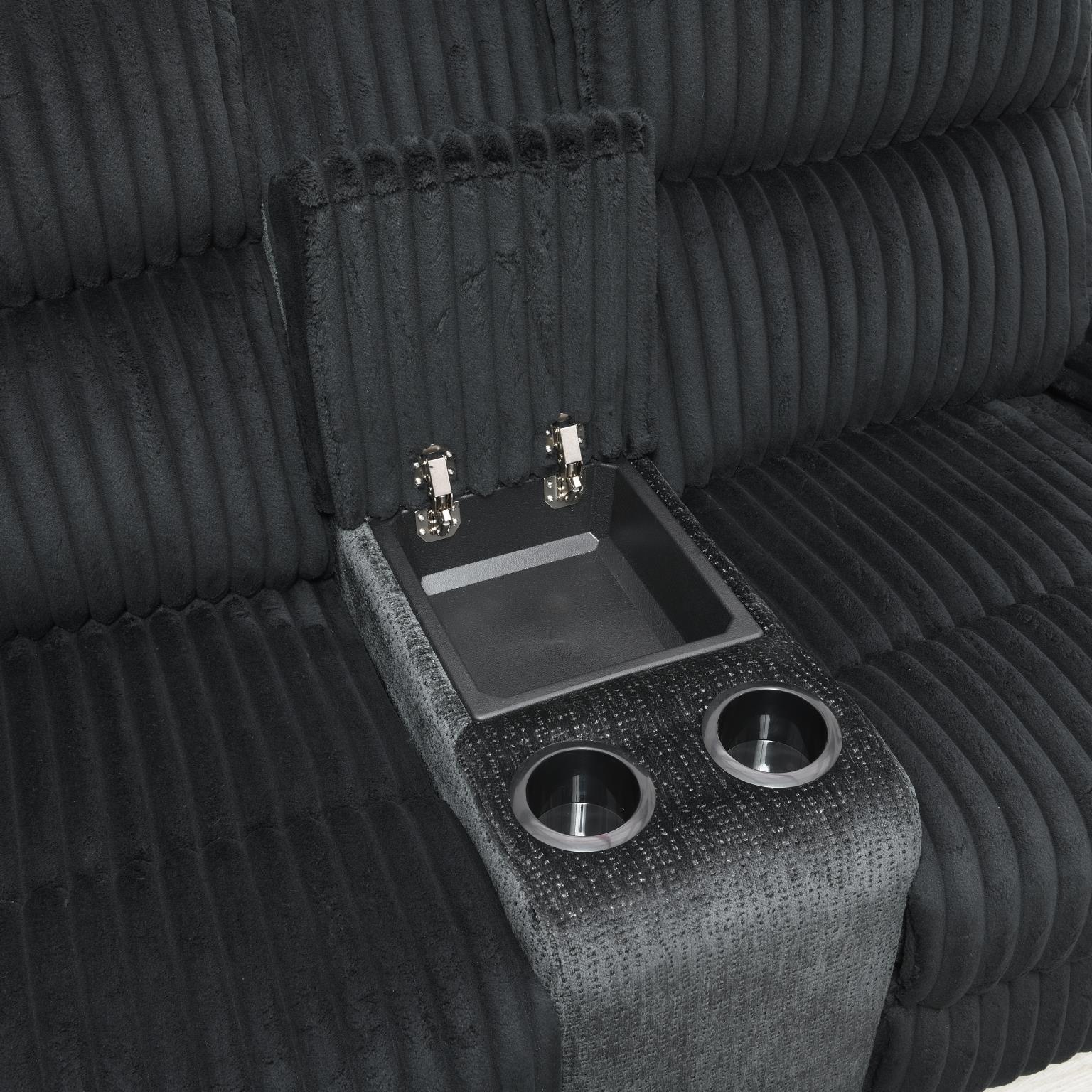 BLACK CORDUROY MOTION SOFA W/DROP DOWN TABLE view 3