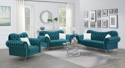 TURQUOISE LOVESEAT W/TWO WHITE FUR PILLOWS & ACRYLIC LEGS