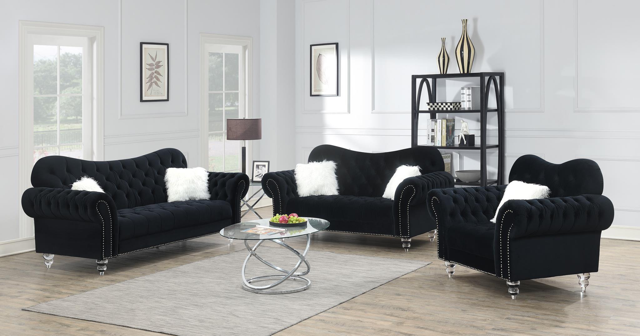 BLACK SOFA W/TWO WHITE FUR PILLOWS & ACRYLIC LEGS view 2