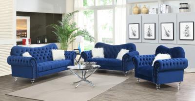 NAVY CHAIR W/ONE WHITE FUR PILLOWS & ACRYLIC LEGS