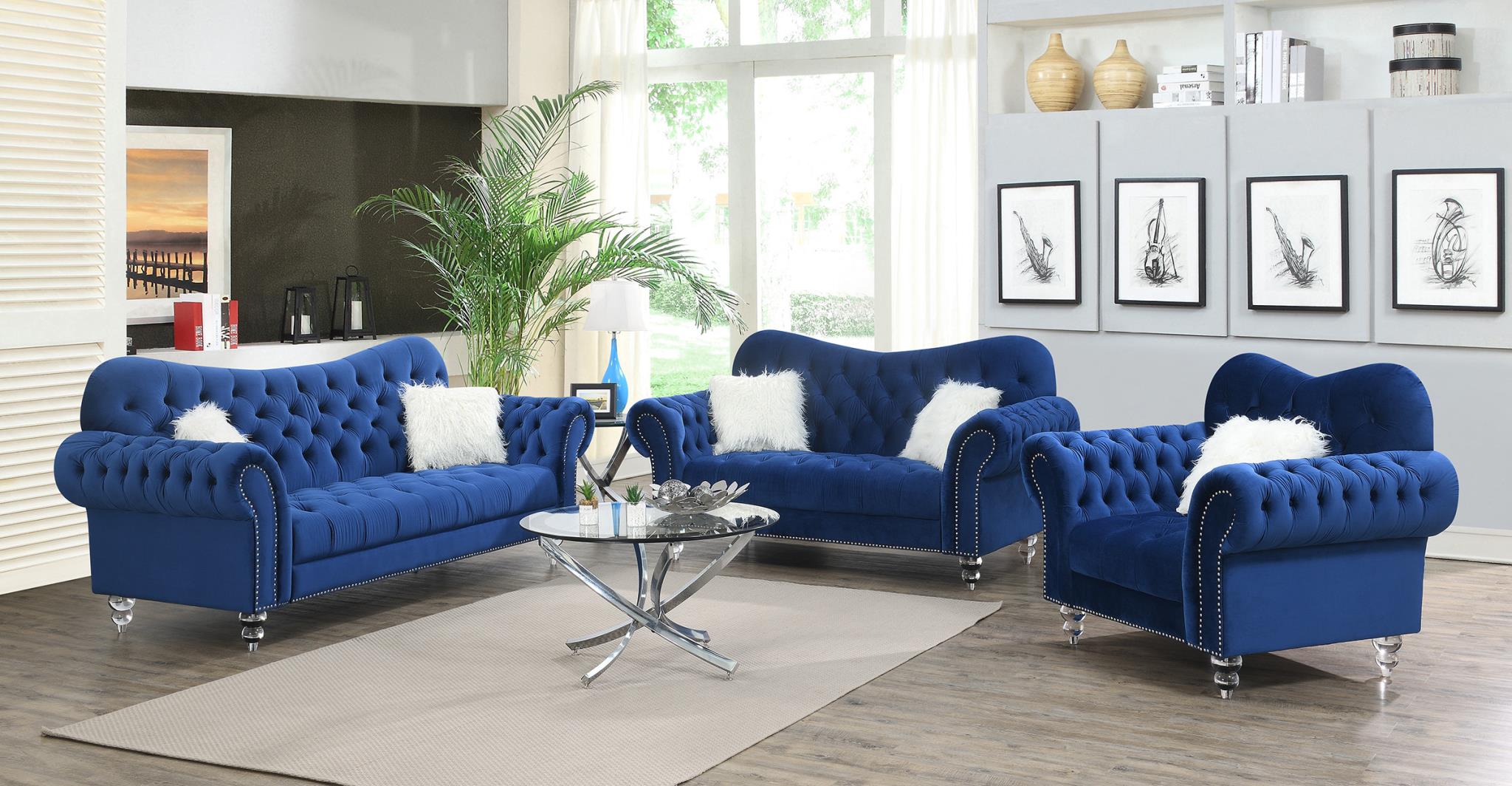 NAVY CHAIR W/ONE WHITE FUR PILLOWS & ACRYLIC LEGS view 2
