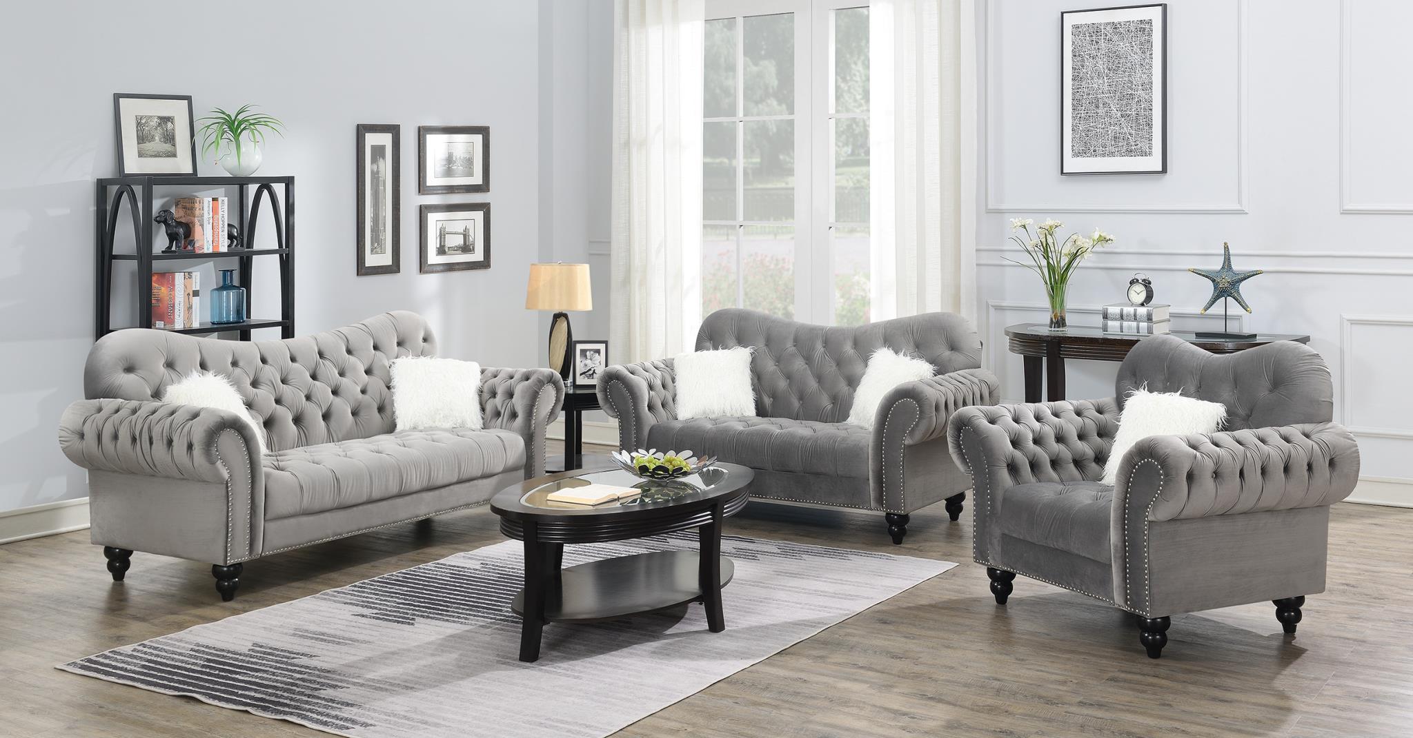 GRAY LOVESEAT W/TWO WHITE FUR PILLOWS & WOODEN LEGS view 2
