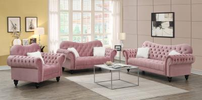 PINK LOVESEAT W/TWO WHITE FUR PILLOWS & WOODEN LEGS
