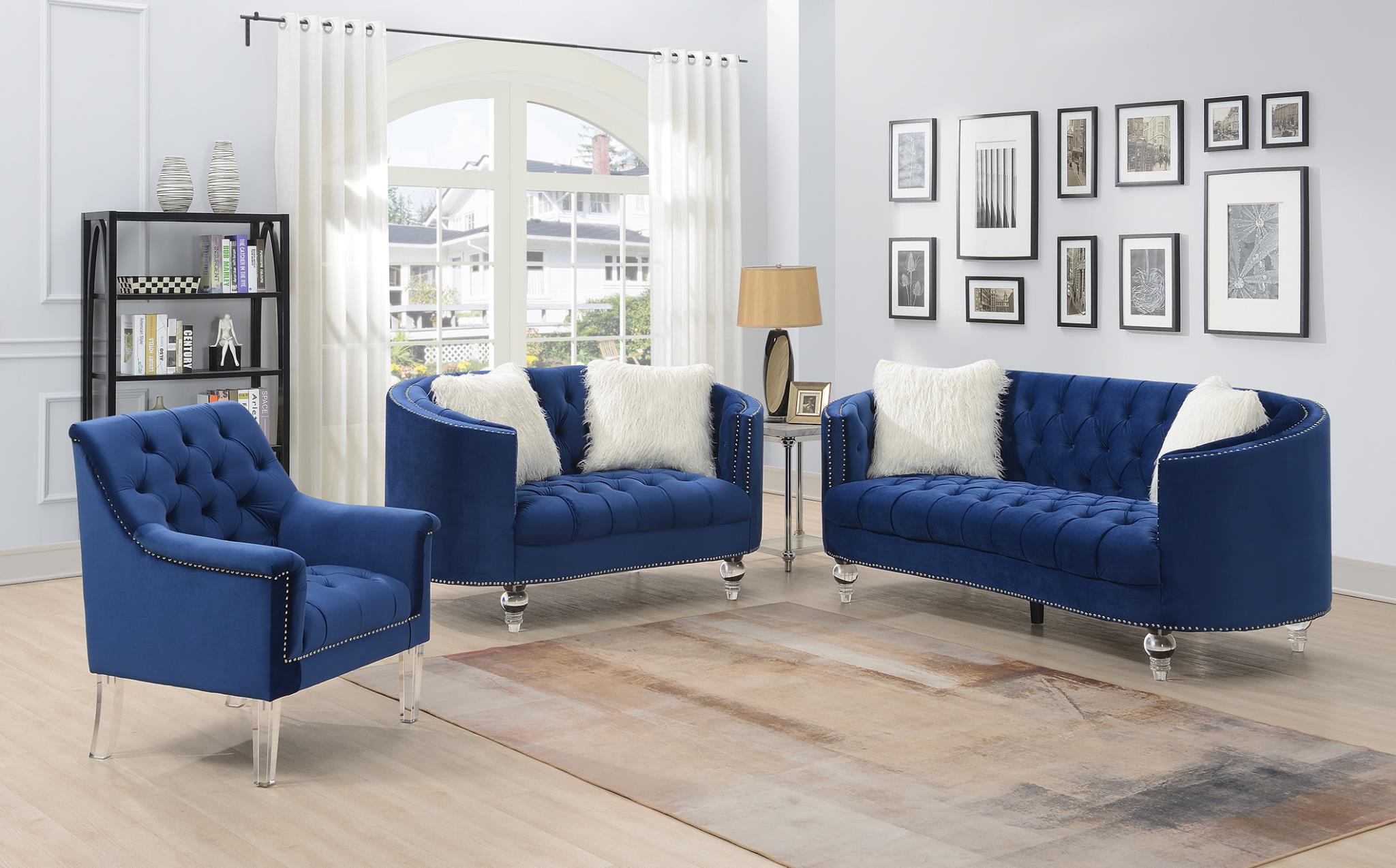 NAVY LOVESEAT W/TWO WHITE FUR PILLOWS & ACRYLIC LEGS view 2
