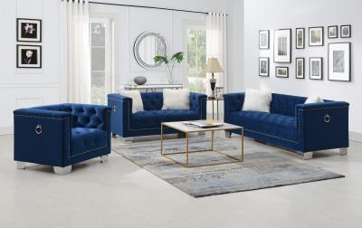 NAVY LOVESEAT W/TWO WHITE FUR PILLOWS