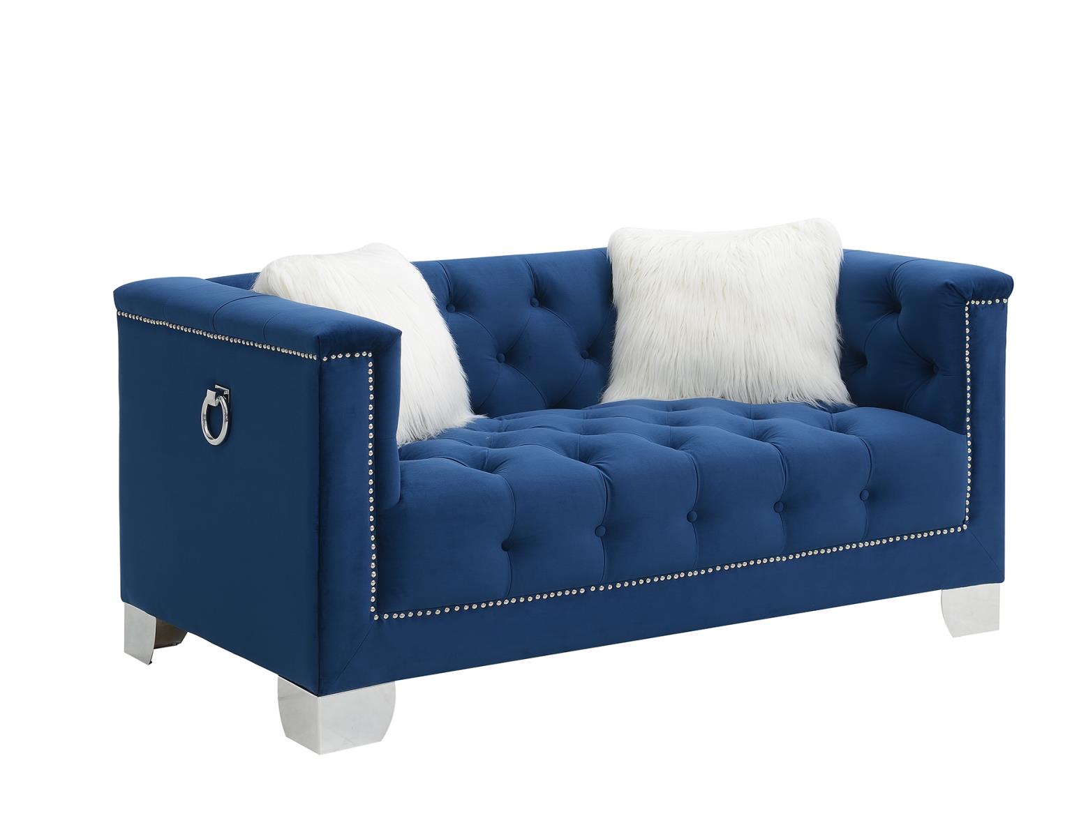 NAVY LOVESEAT W/TWO WHITE FUR PILLOWS view 3
