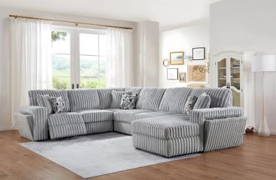 GRAY CORDUROY POWER RECLINING 4 PC SECTIONAL W/2 WIRELESS CHARGER