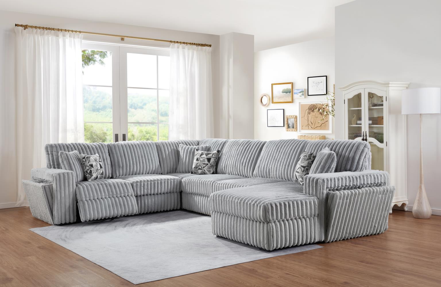 GRAY CORDUROY POWER RECLINING 4 PC SECTIONAL W/2 WIRELESS CHARGER view 2