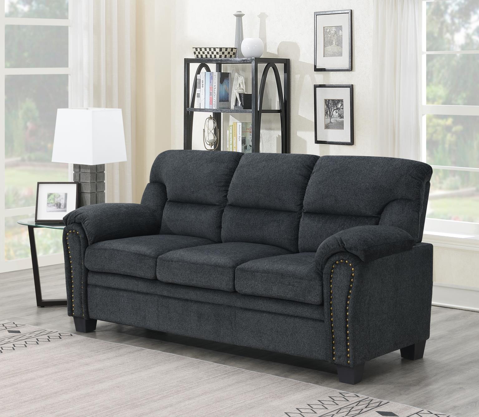 CHARCOAL CHENILLE SOFA W/NAILHEAD view 2