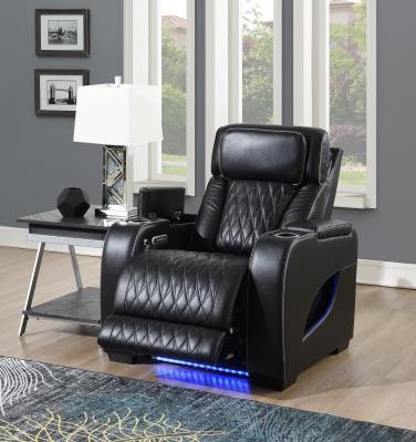 BLACK POWER RECLINING W/PWR HEADREST, MASSAGE, HEAT, AMBIENT LIGHTING, STORAGE ARMS/USB AND WIRE...